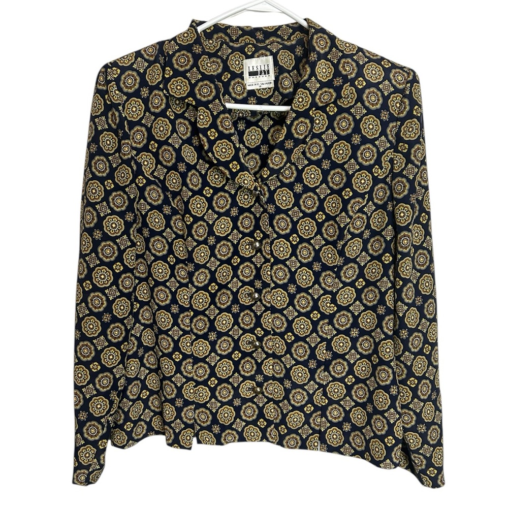 Leslie Fay Vintage Navy Blue And Gold Paisley Print Button-up Blouse Size 14